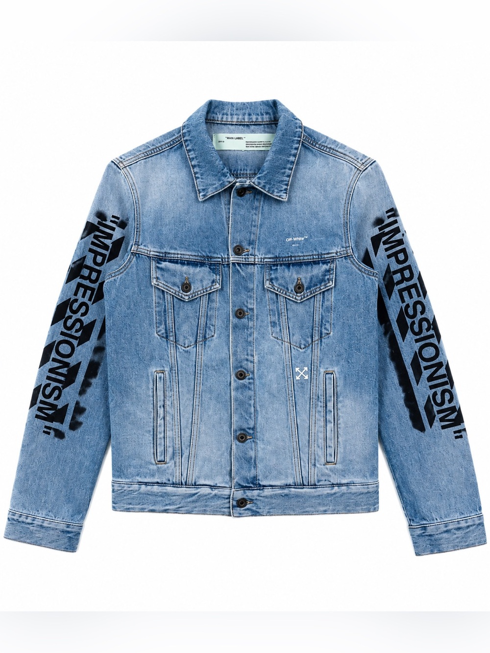 Off-White Light Blue Denim Jacket with Black Sleeve Text